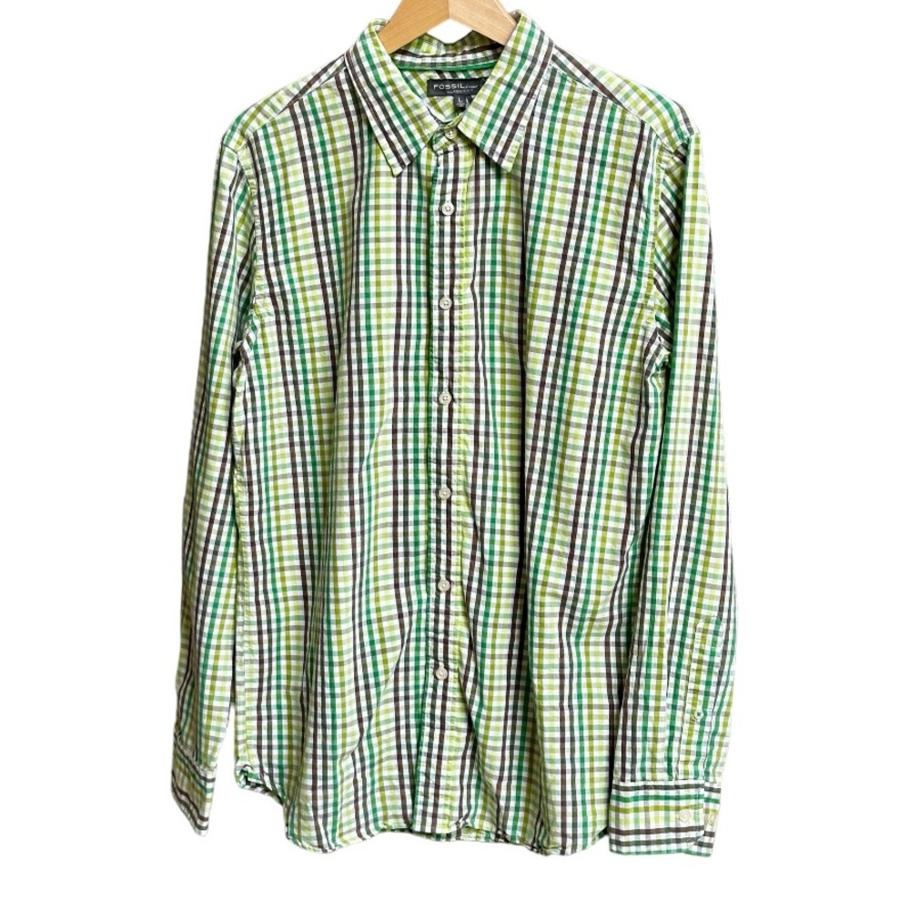 Fossil Men’s Button Down Casual Green and White Gingham Shirt Size Large…